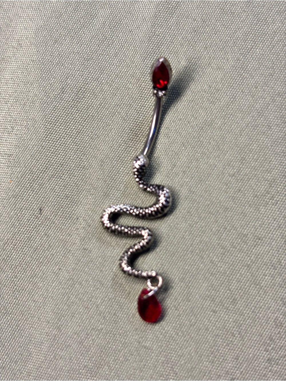 Silver Snake Drop Navel Ring with Red Gem